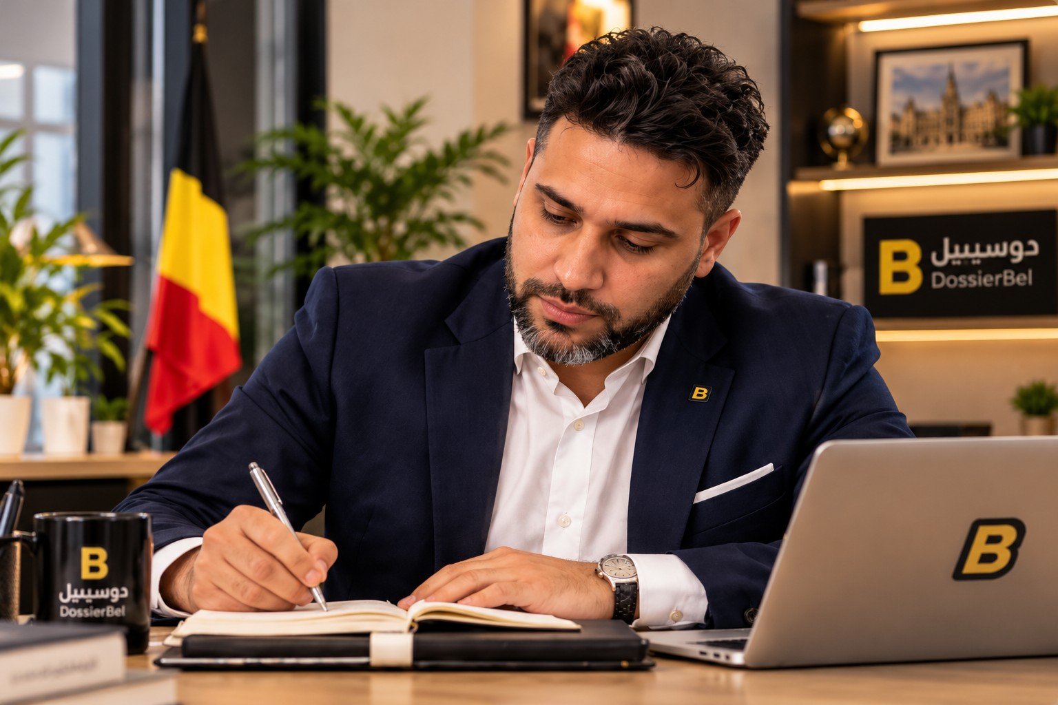 Le fondateur de DossierBel écrivant à son bureau.
