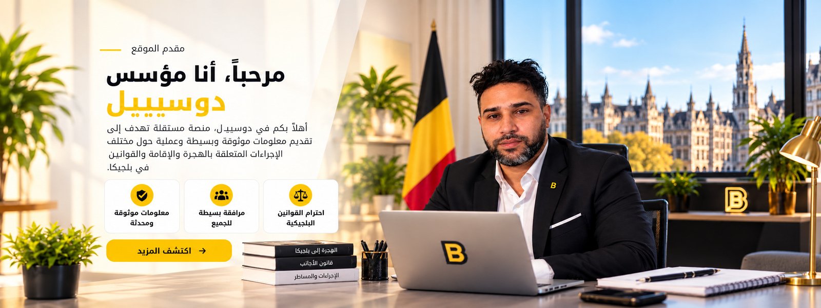 Le fondateur de DossierBel à son bureau, avec la présentation et les valeurs de la plateforme.